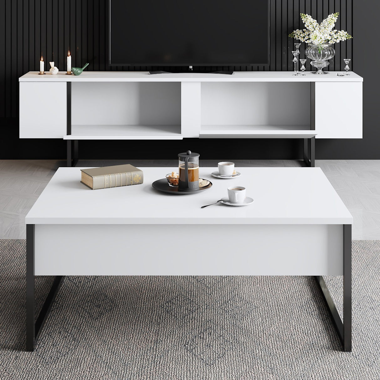 Möbelset White Luxury - Couchtisch + TV-Schrank - Schwarzer Rahmen