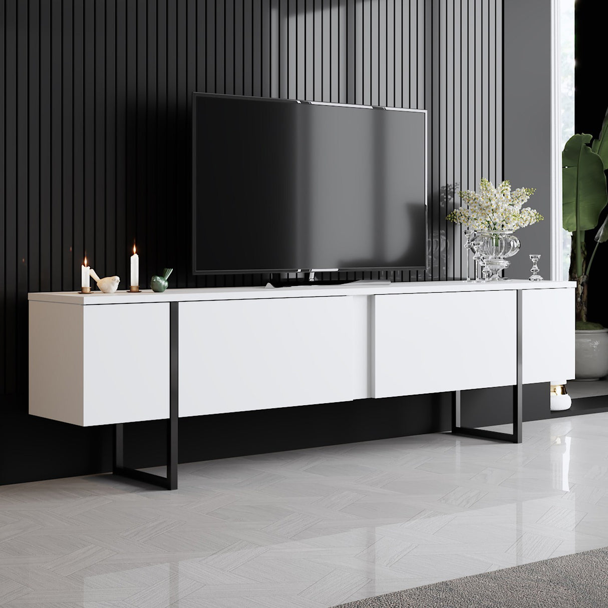 Möbelset White Luxury - Couchtisch + TV-Schrank - Schwarzer Rahmen