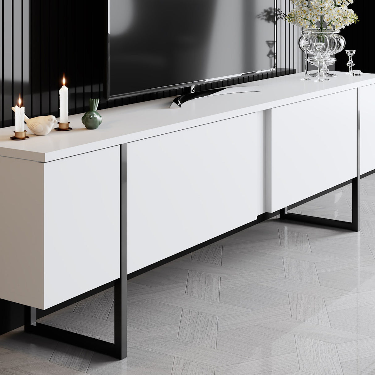 Möbelset White Luxury - Couchtisch + TV-Schrank - Schwarzer Rahmen