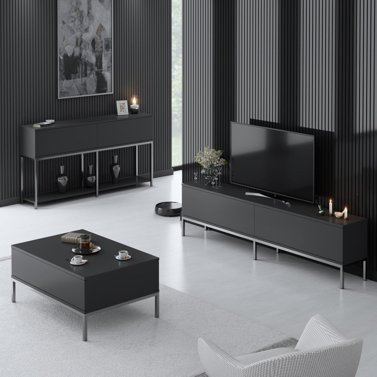 Möbelset Anthrazit Lord - Couchtisch + TV-Schrank + Sideboard - Silberrahmen