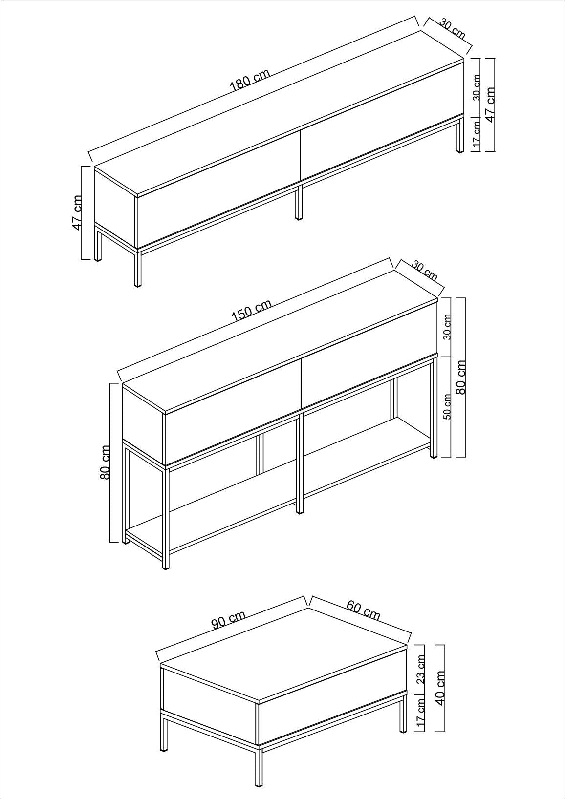 Möbelset Anthrazit Lord - Couchtisch + TV-Schrank + Sideboard - Silberrahmen
