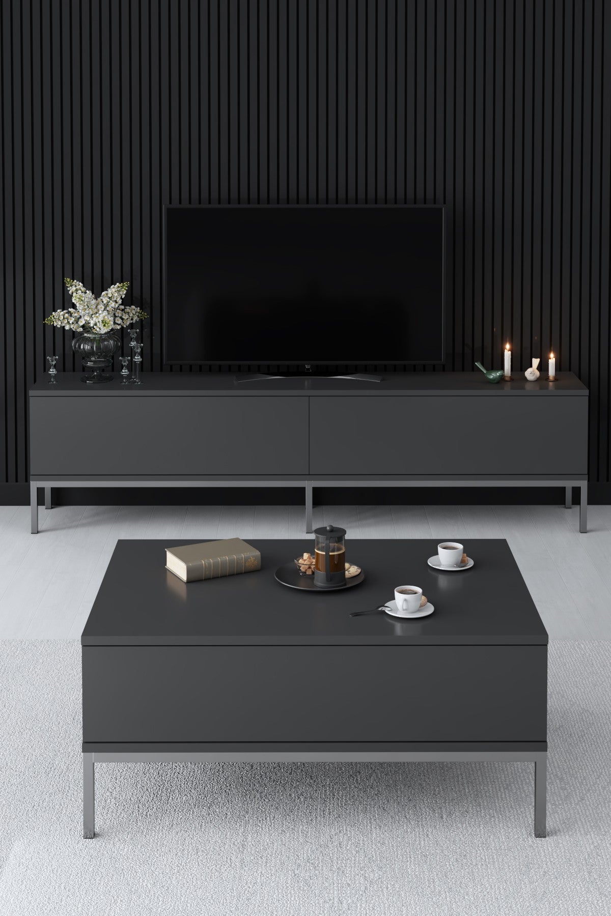 Möbelset Anthrazit Lord - Couchtisch + TV-Schrank + Sideboard - Silberrahmen