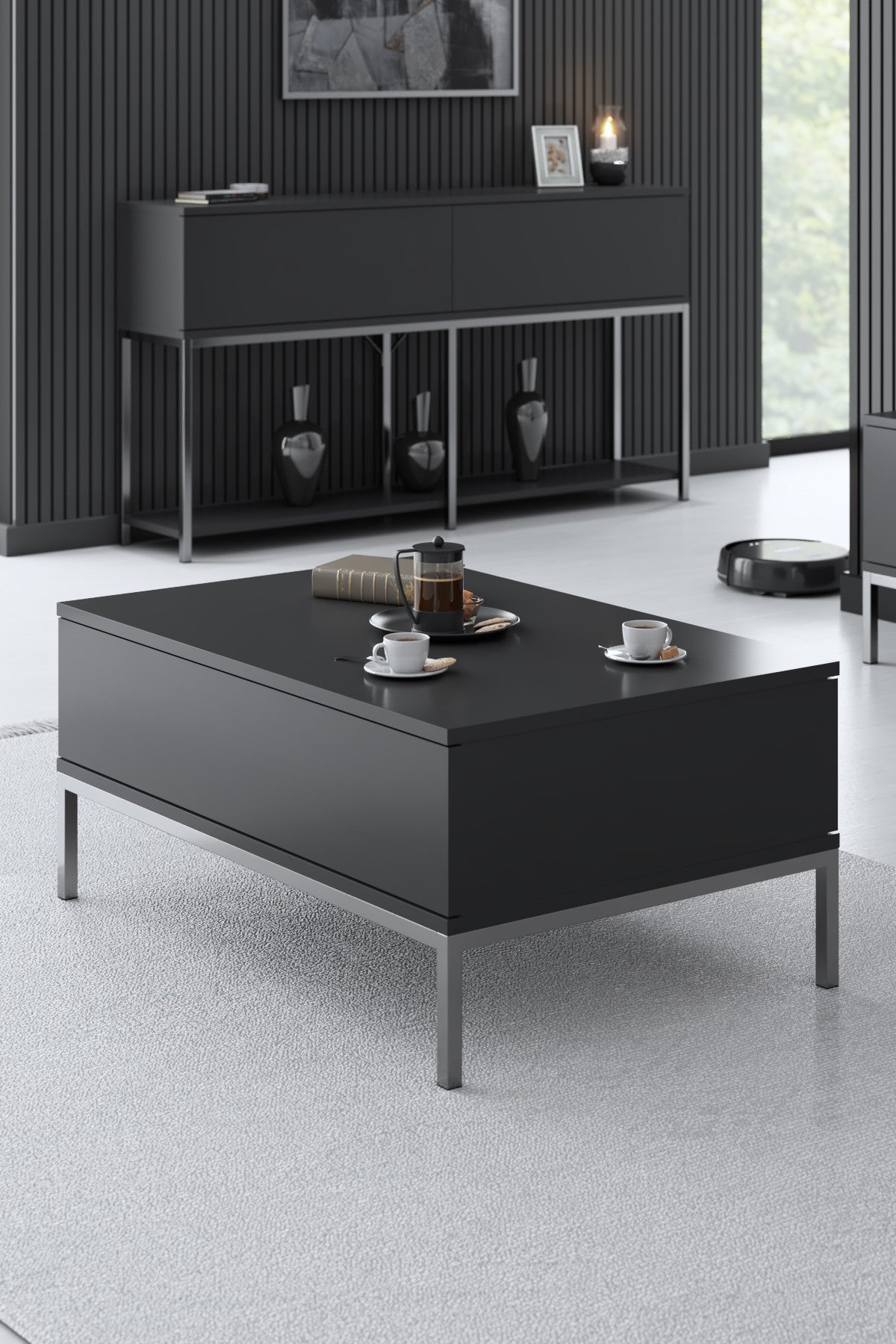 Möbelset Anthrazit Lord - Couchtisch + TV-Schrank + Sideboard - Silberrahmen