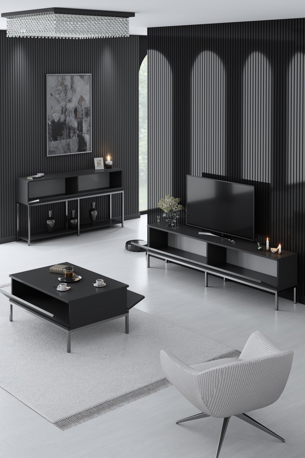 Möbelset Anthrazit Lord - Couchtisch + TV-Schrank + Sideboard - Silberrahmen