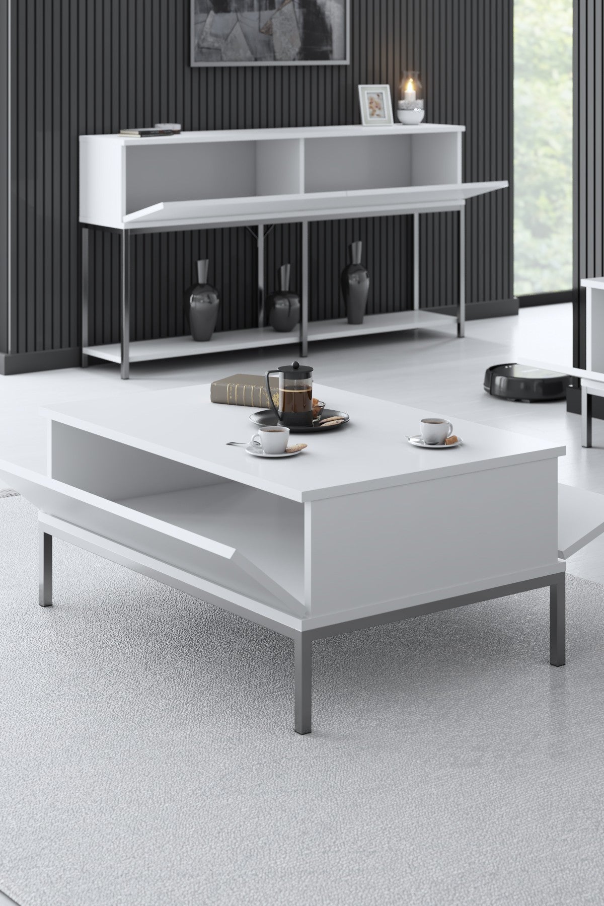 Rechteckiger Couchtisch Weiß Lord 90x60 - Silbernes Gestell