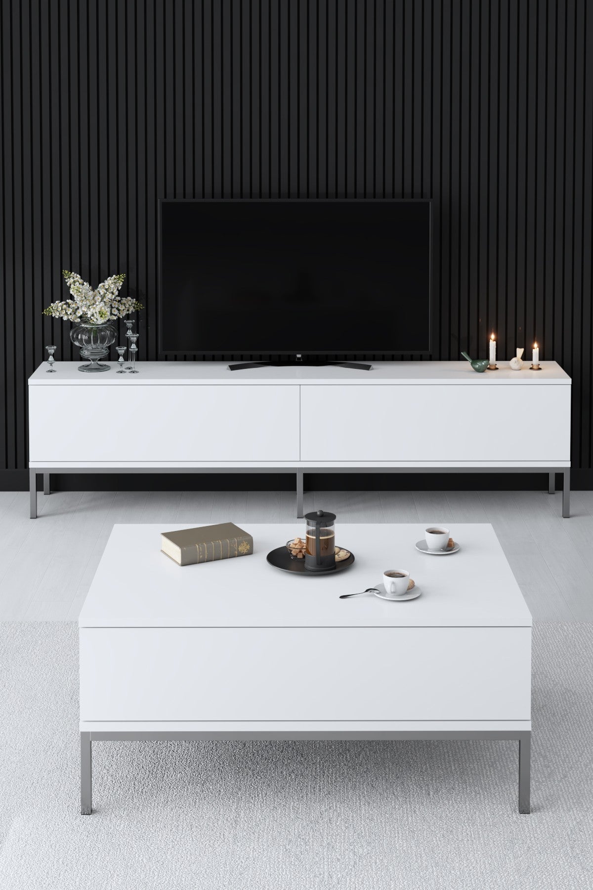 Rechteckiger Couchtisch Weiß Lord 90x60 - Silbernes Gestell