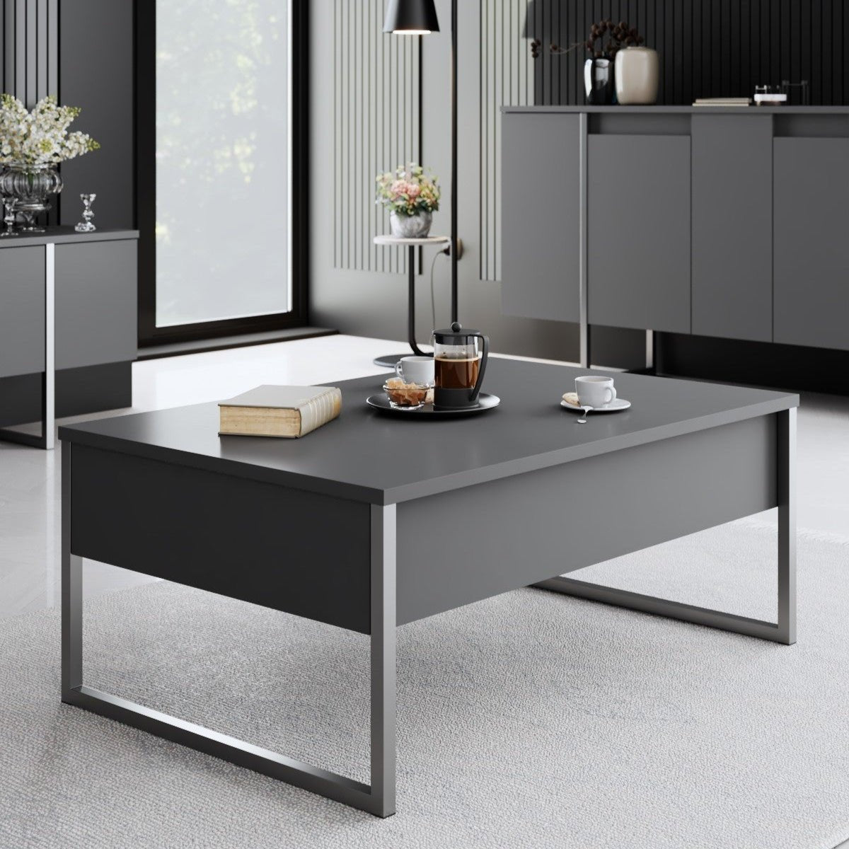 Rechteckiger Couchtisch Anthrazit Luxus 90x60 - Silbernes Gestell