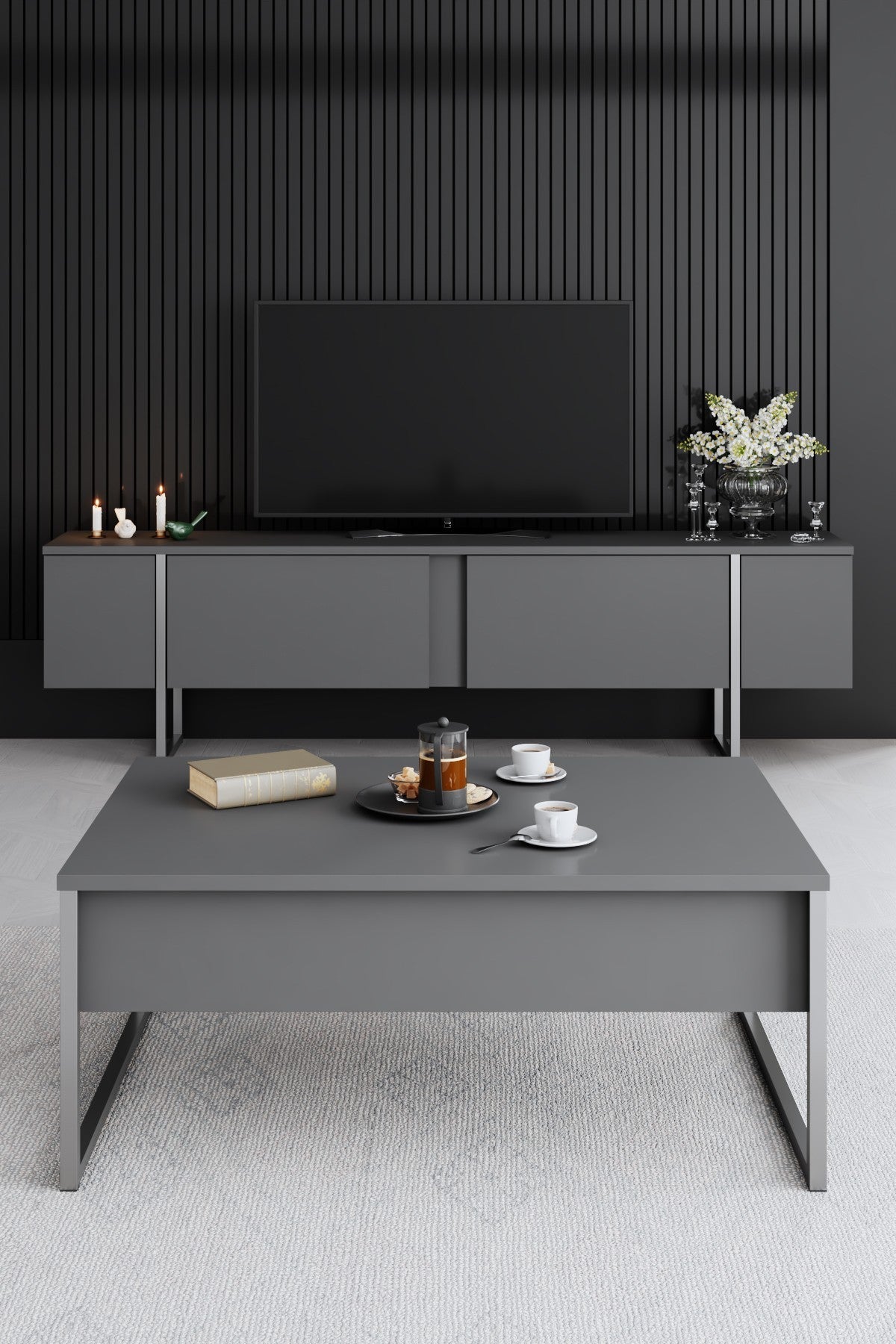 Rechteckiger Couchtisch Anthrazit Luxus 90x60 - Silbernes Gestell