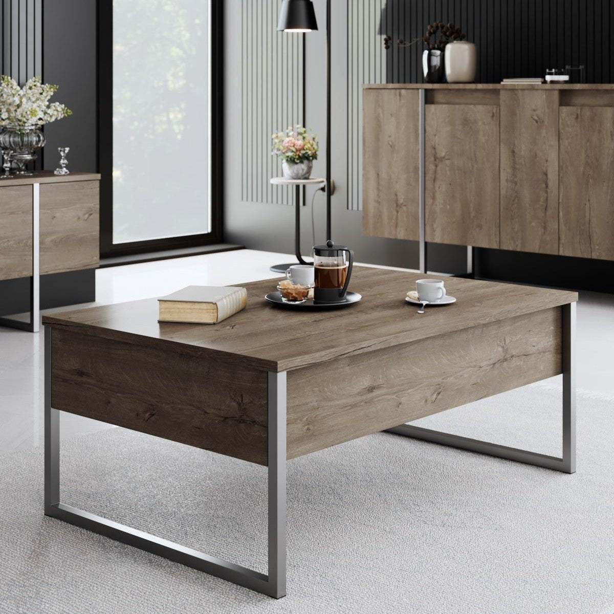Rechteckiger Couchtisch Walnuss Luxus 90x60 - Silbernes Gestell
