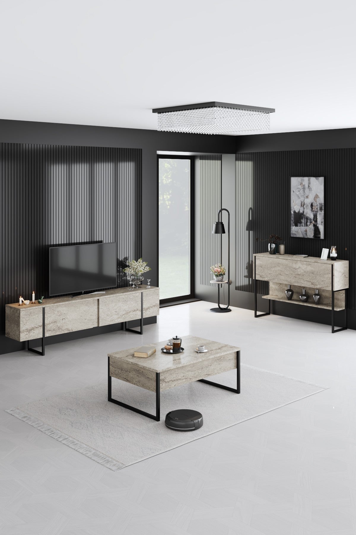 Rechteckiger Couchtisch Travertin Luxury 90x60 - Schwarzer Rahmen