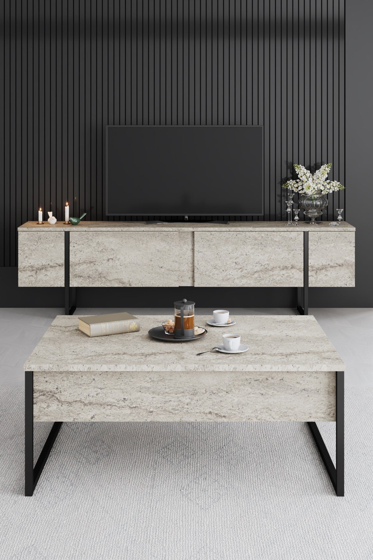 Rechteckiger Couchtisch Travertin Luxury 90x60 - Schwarzer Rahmen