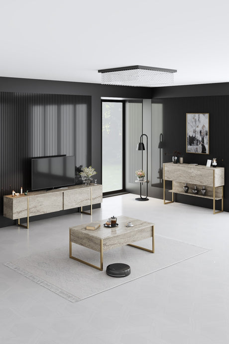 Rechteckiger Couchtisch Travertin Luxury 90x60 - Goldener Rahmen