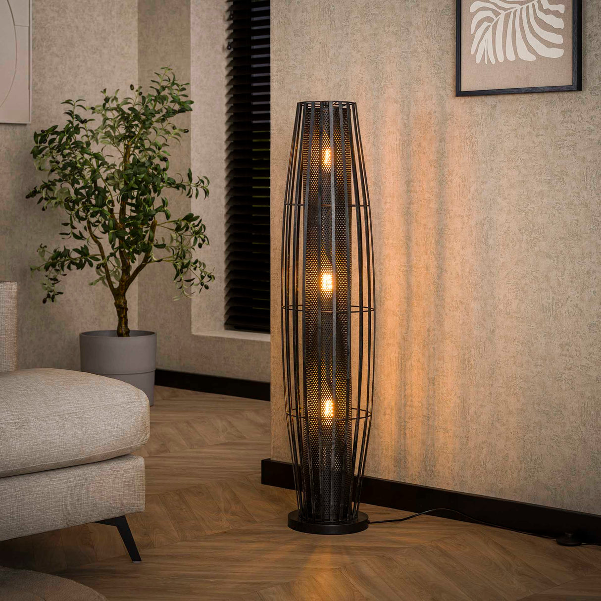 Vloerlamp Liora 3-lichts cylinder mesh zwart 120 cm