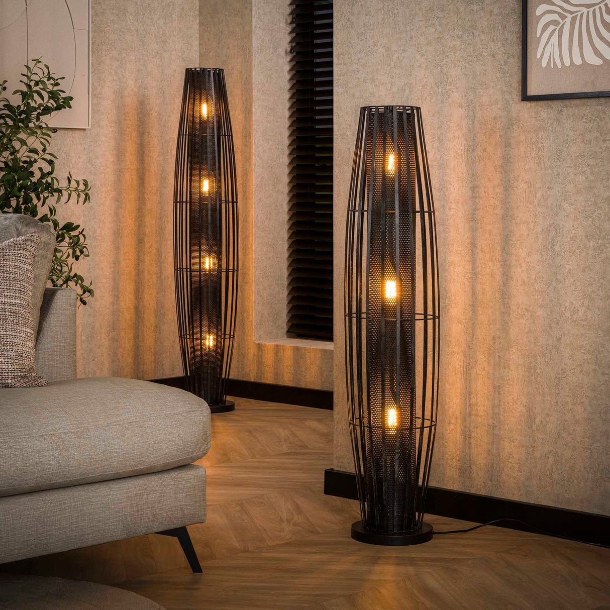 Vloerlamp Liora 3-lichts cylinder mesh zwart 120 cm