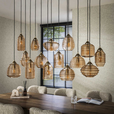 Hanglamp Mali 15-lichts geribbeld glas amberkleurig