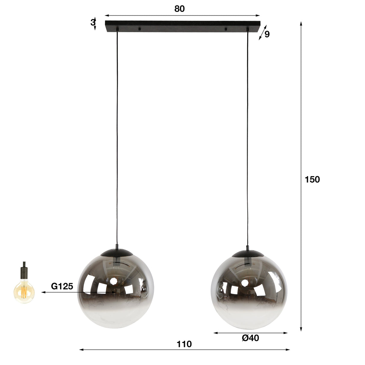 Hängelampe Juliette 2-flammig aus Rauchglas