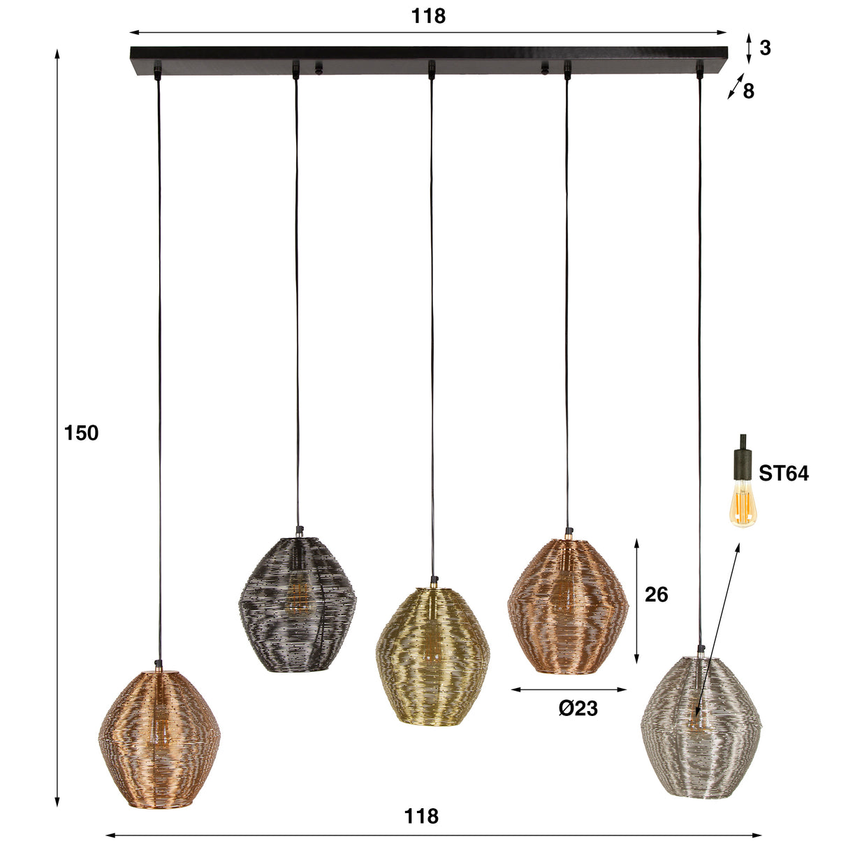 Hanglamp Wez 5-lichts gekleurd nikkel