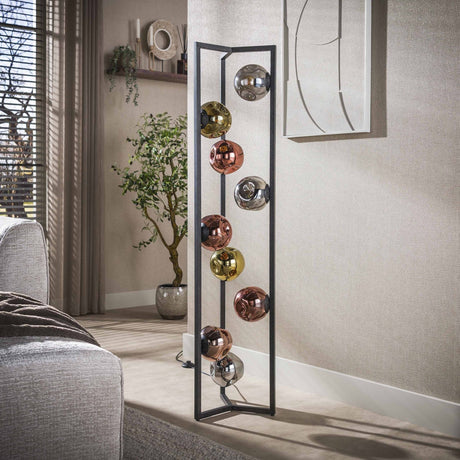 Industrielle Stehleuchte Ada, 9-flammig, farbiges Glas, Ecke