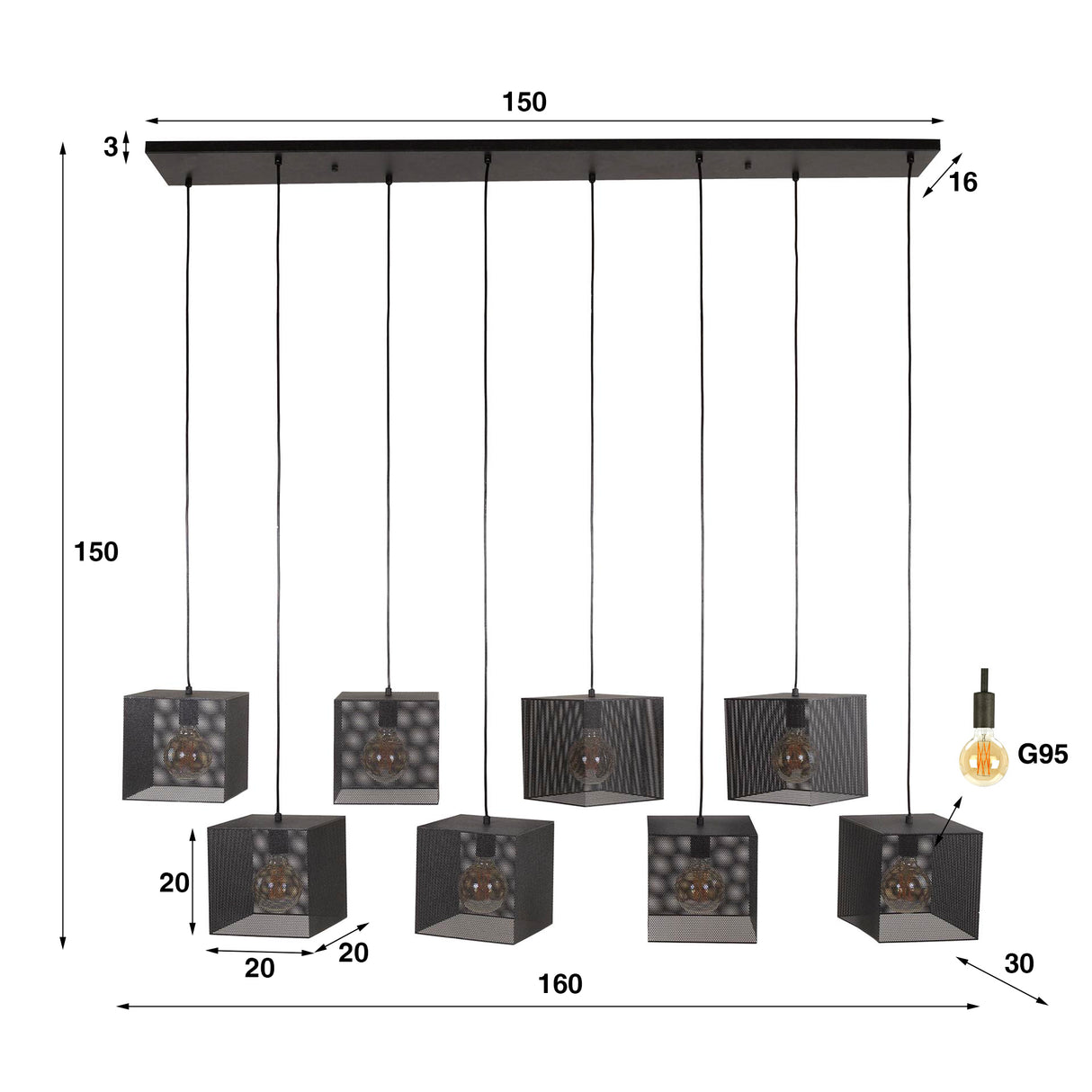 Hanglamp Wyatt 8-lichts mesh zwart