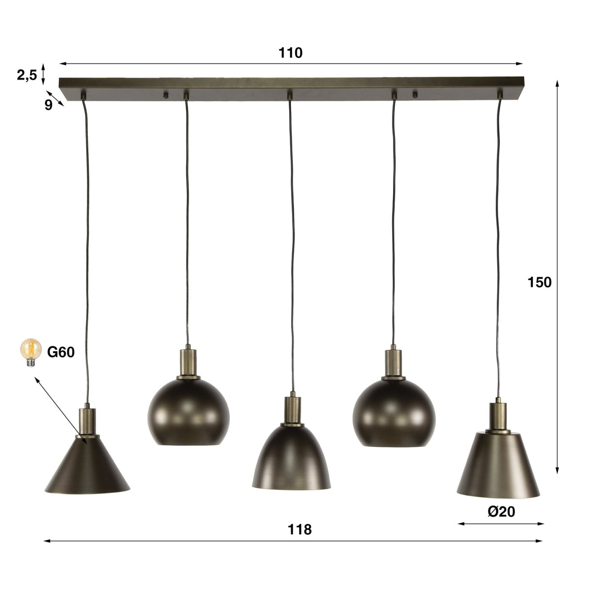 Hängelampe Sienna 5-flammig Industriell - Braun 120 cm 