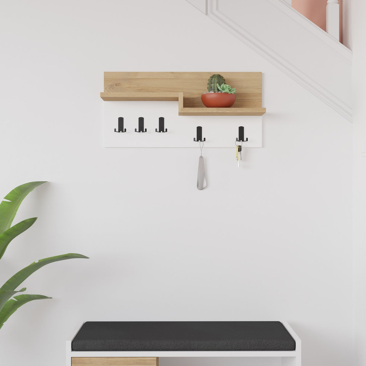 Garderobe 5-Haken Weiß, Eichenholz Melamin - 65 cm 