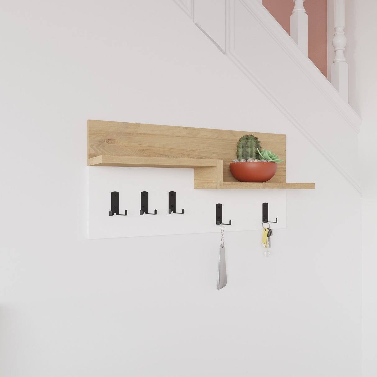 Garderobe 5-Haken Weiß, Eichenholz Melamin - 65 cm 