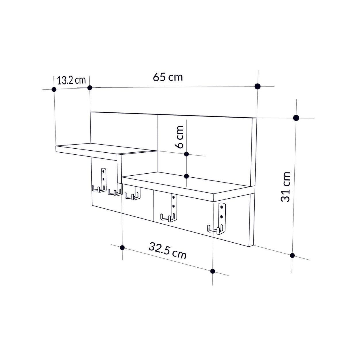 Garderobe 5-Haken Weiß, Eichenholz Melamin - 65 cm 