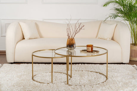 Moderne Runde Couchtisch-Set aus 2 Uru Gold - Transparentes Glas - 80/60 cm 
