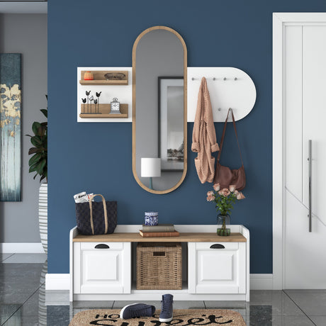 Möbelset Garderobe - Spiegel - Schuhschrank - Weiß-Walnuss Melamin 