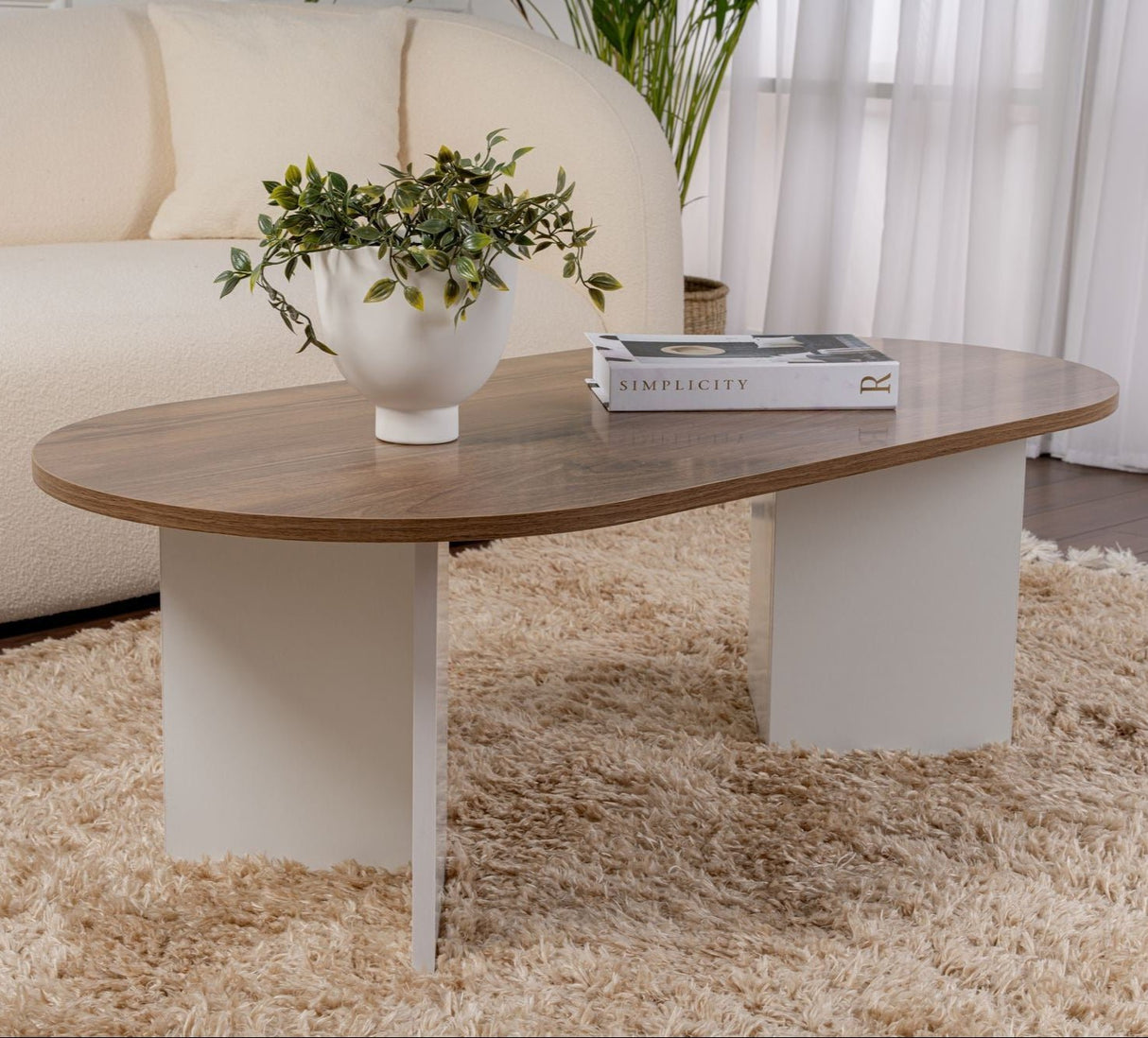 Ovaler Couchtisch Nussbaumoptik - Weißes Bein - Sabla - 119x60 