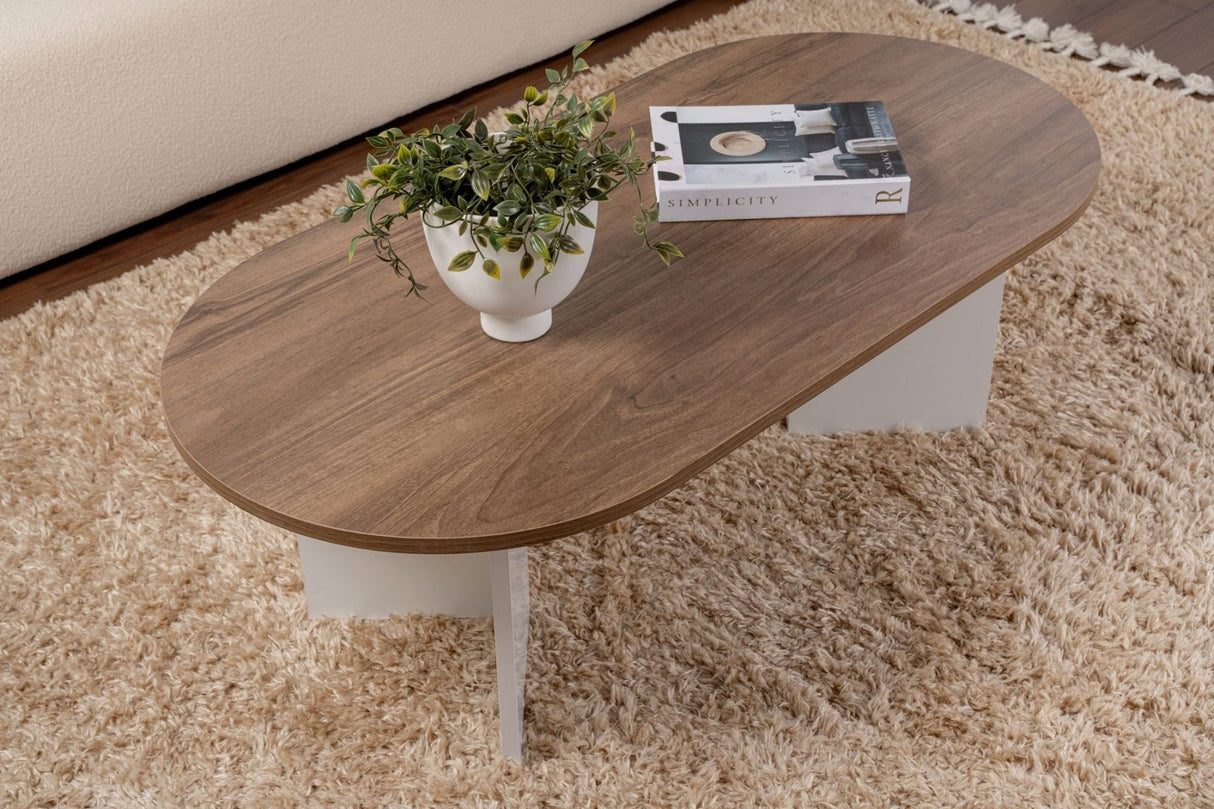 Ovaler Couchtisch Nussbaumoptik - Weißes Bein - Sabla - 119x60 