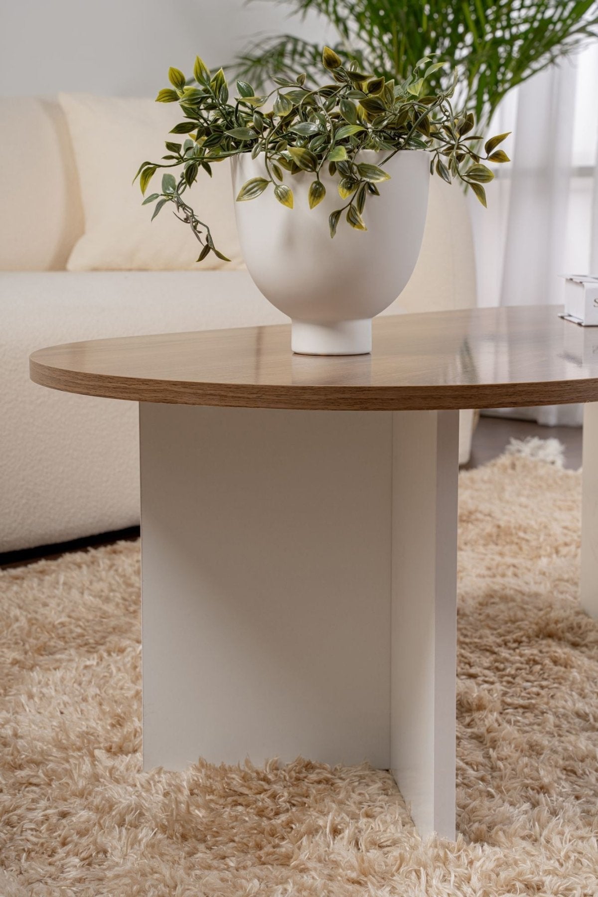 Ovaler Couchtisch Nussbaumoptik - Weißes Bein - Sabla - 119x60 