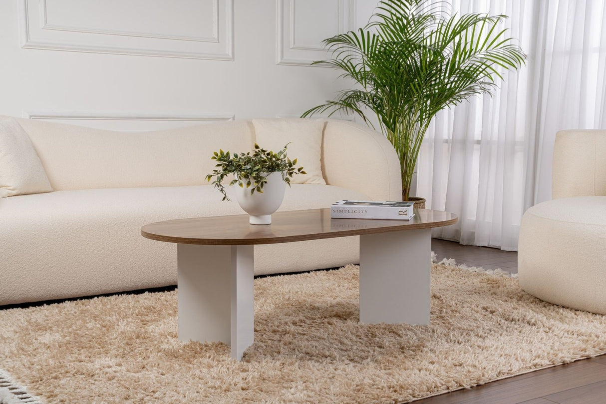 Ovaler Couchtisch Nussbaumoptik - Weißes Bein - Sabla - 119x60 