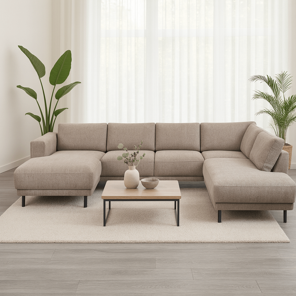 Modernes U-Sofa Ecksofa rechts taupe Stoff Aniko 310x197x78 cm