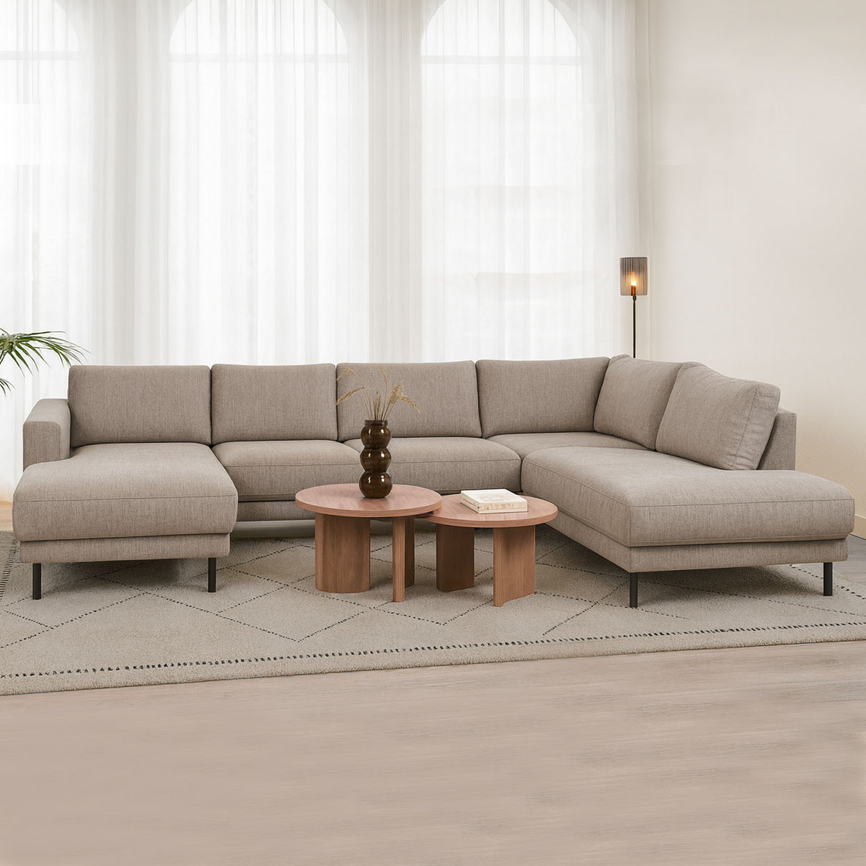 Modernes U-Sofa Ecksofa rechts taupe Stoff Aniko 310x197x78 cm