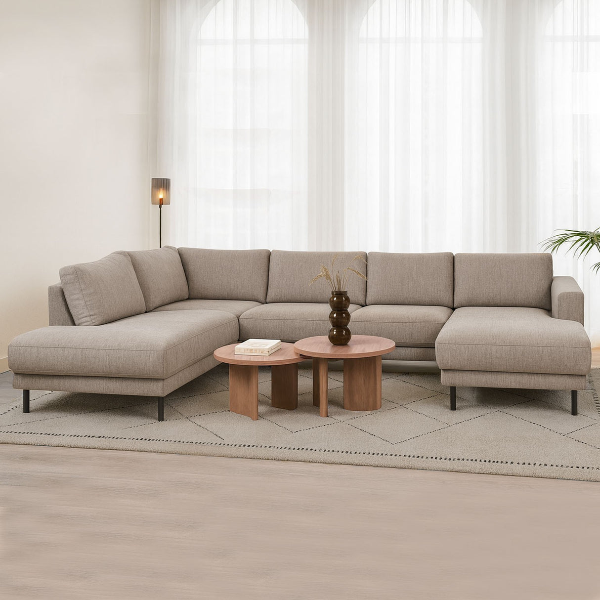 Modernes U-Sofa Ecksofa links, taupe Stoff Aniko, 310x197x78 cm