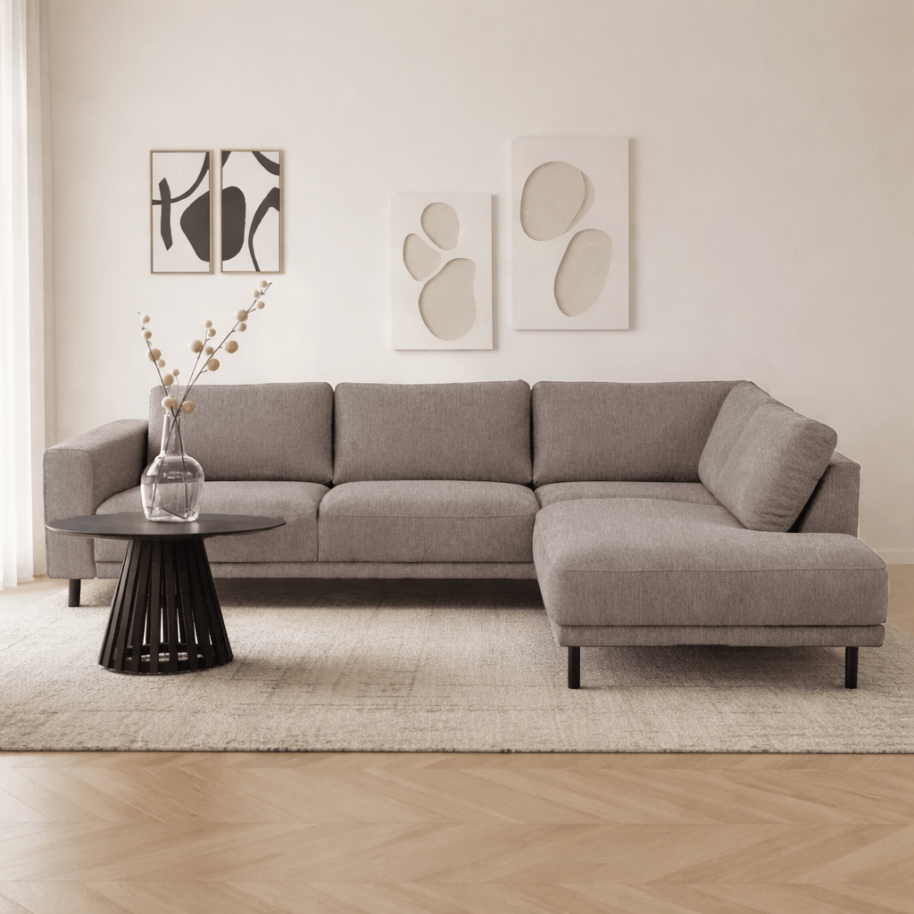 Moderner 3-Sitzer Ecksofa Rechts Taupe Stoff Aniko mit Liege 240x197x78 cm