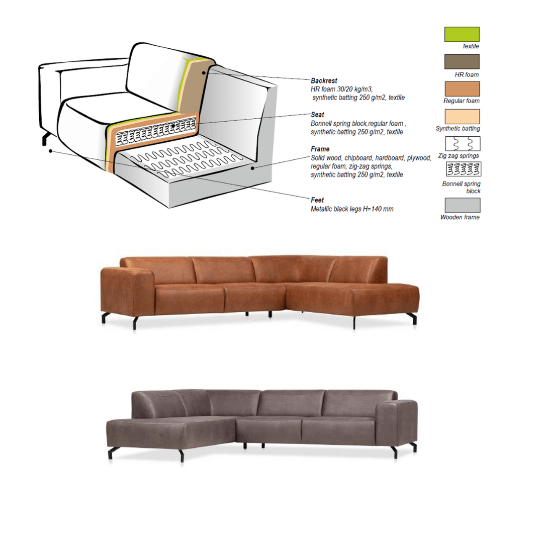 Ecksofa Barin Cognac robustes Eco-Leder rechts 