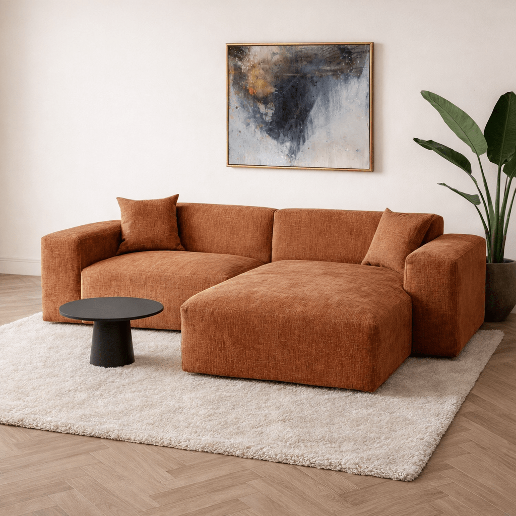 Banken - Hoekbank koper chenille Wayne 264 cm - hoek links en rechts monteerbaar - Dimehouse