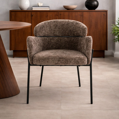 Esszimmerstuhl Lola Bouclé Stoff Taupe mit rundem Rücken und Armlehne 