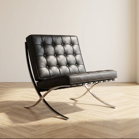 Expo-Sessel aus schwarzem Premium-Leder, stimmungsvolles Foto im modernen Interieur