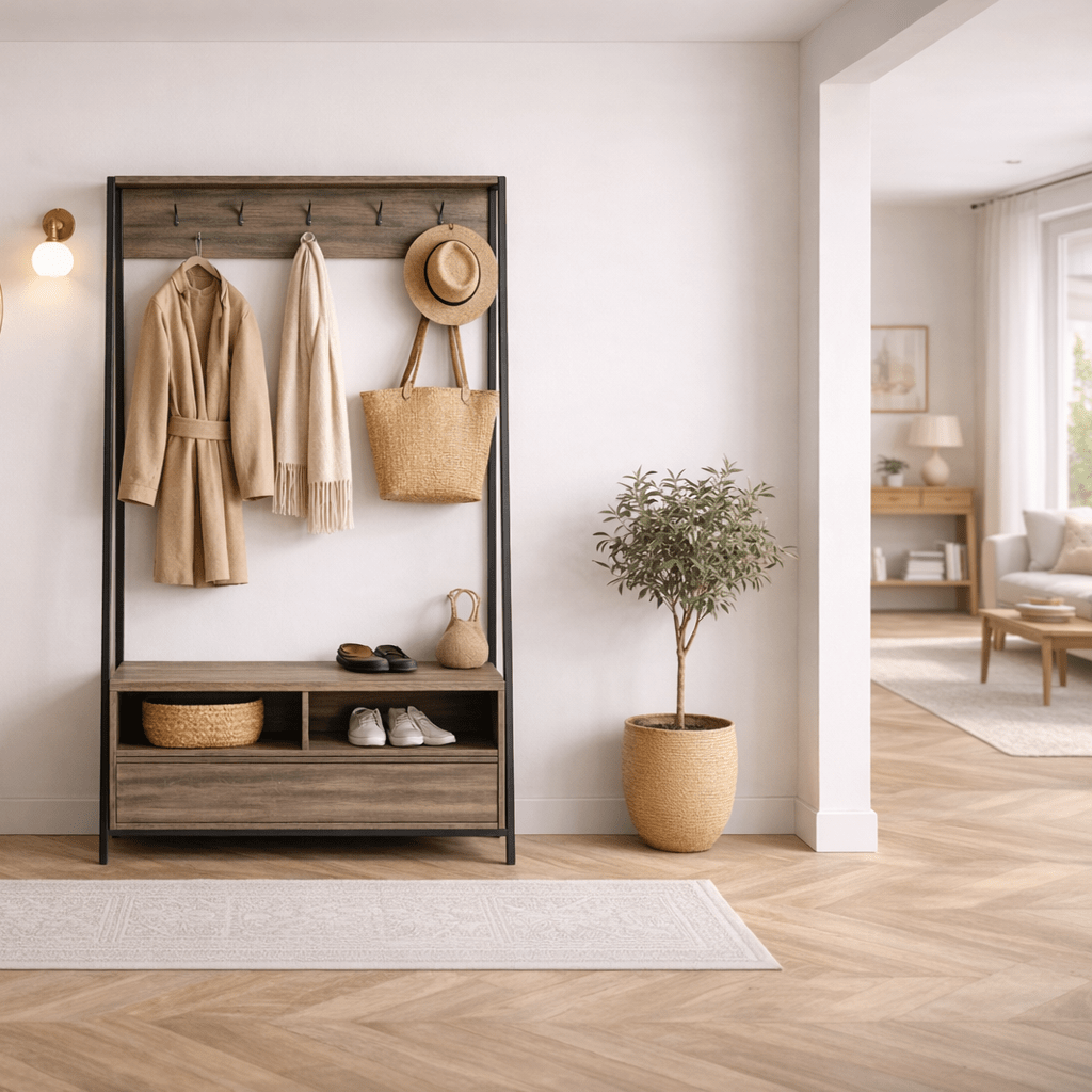 Garderobenschrank, Walnuss-Melamin-Devon – mit Fächern und Schublade