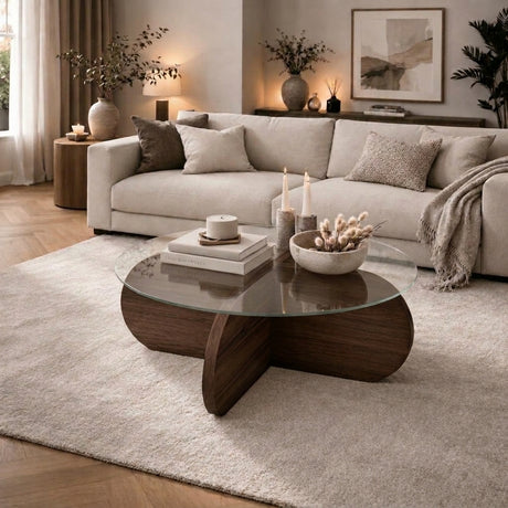 Runder Couchtisch Aris Walnuss Melamin und transparentes Glas 75 cm