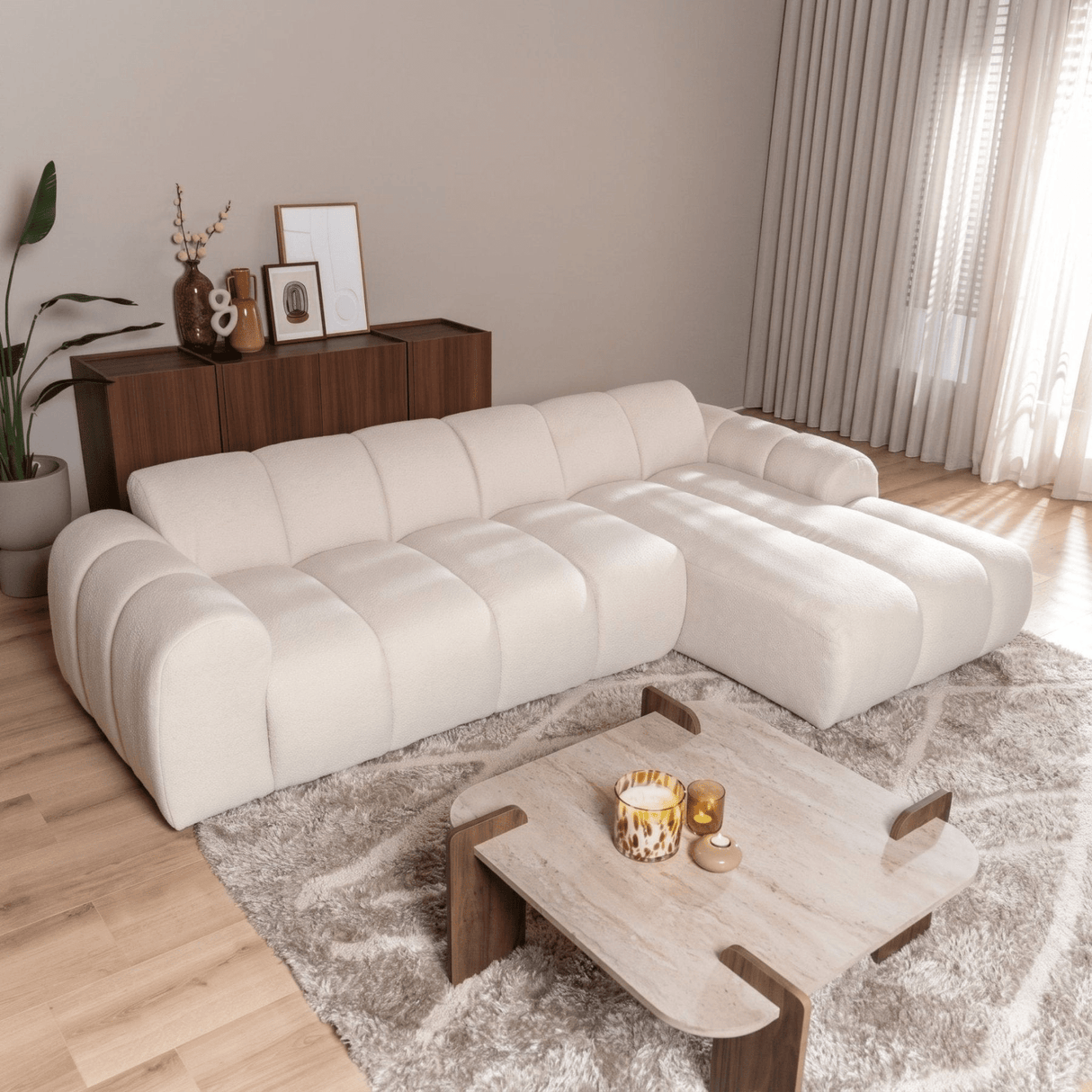 Banken-Hoekbank met lounge beige bouclé stof - strepen - rechts - Brix-Dimehouse