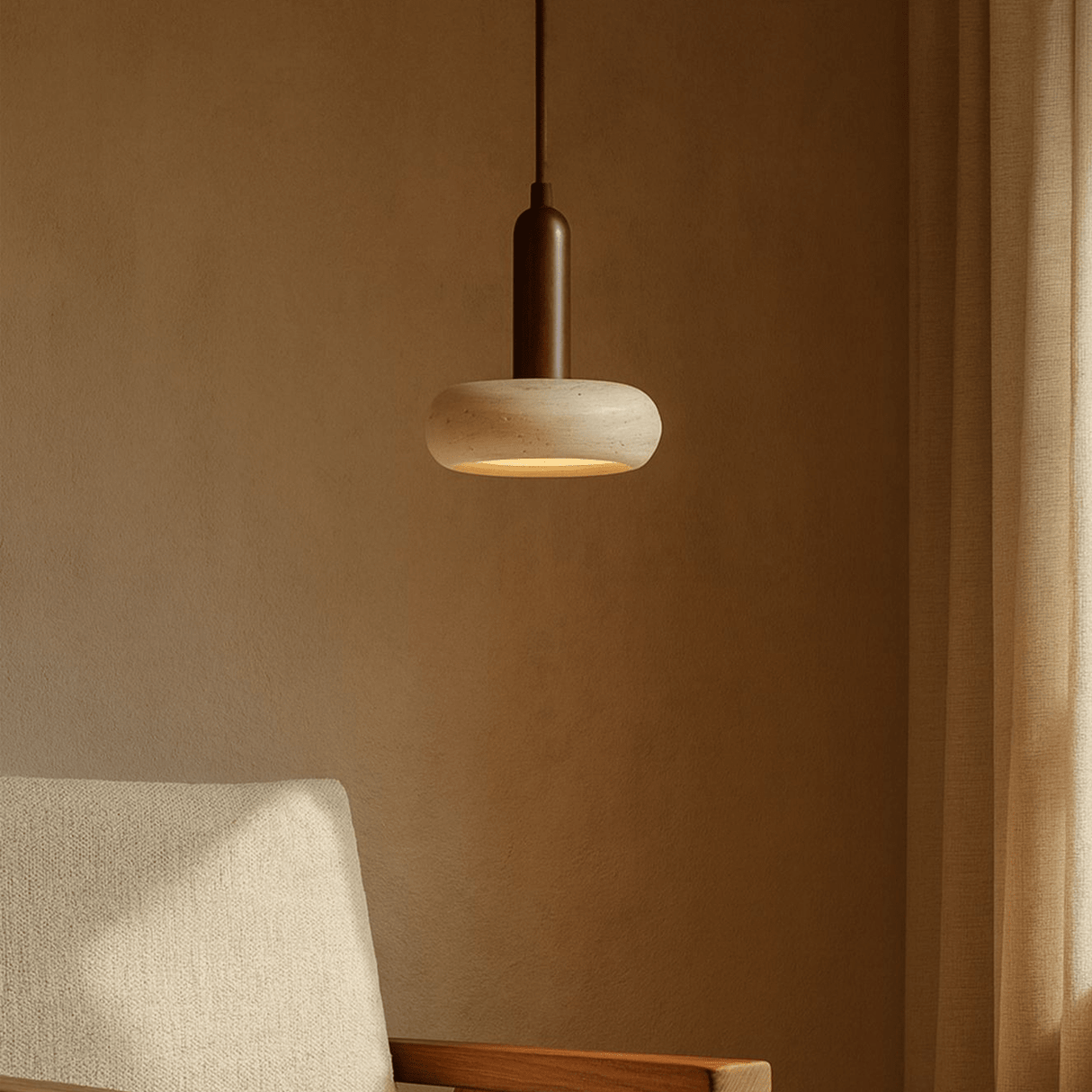 Hängelampe 1 Licht – Walnuss & Travertin – flach länglich – Hakaro