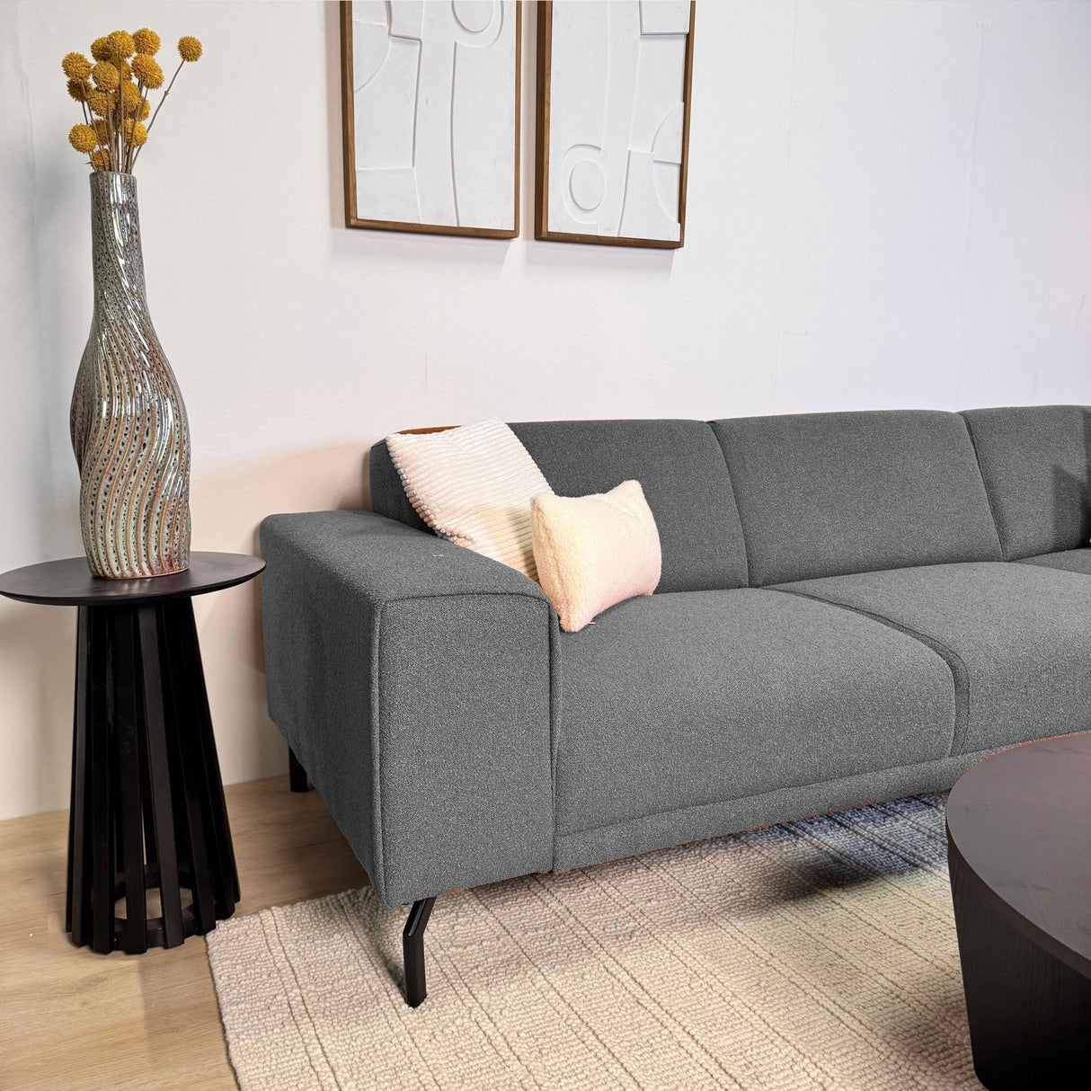 Ecksofa Maël Bouclé-Stoff grau – rechts