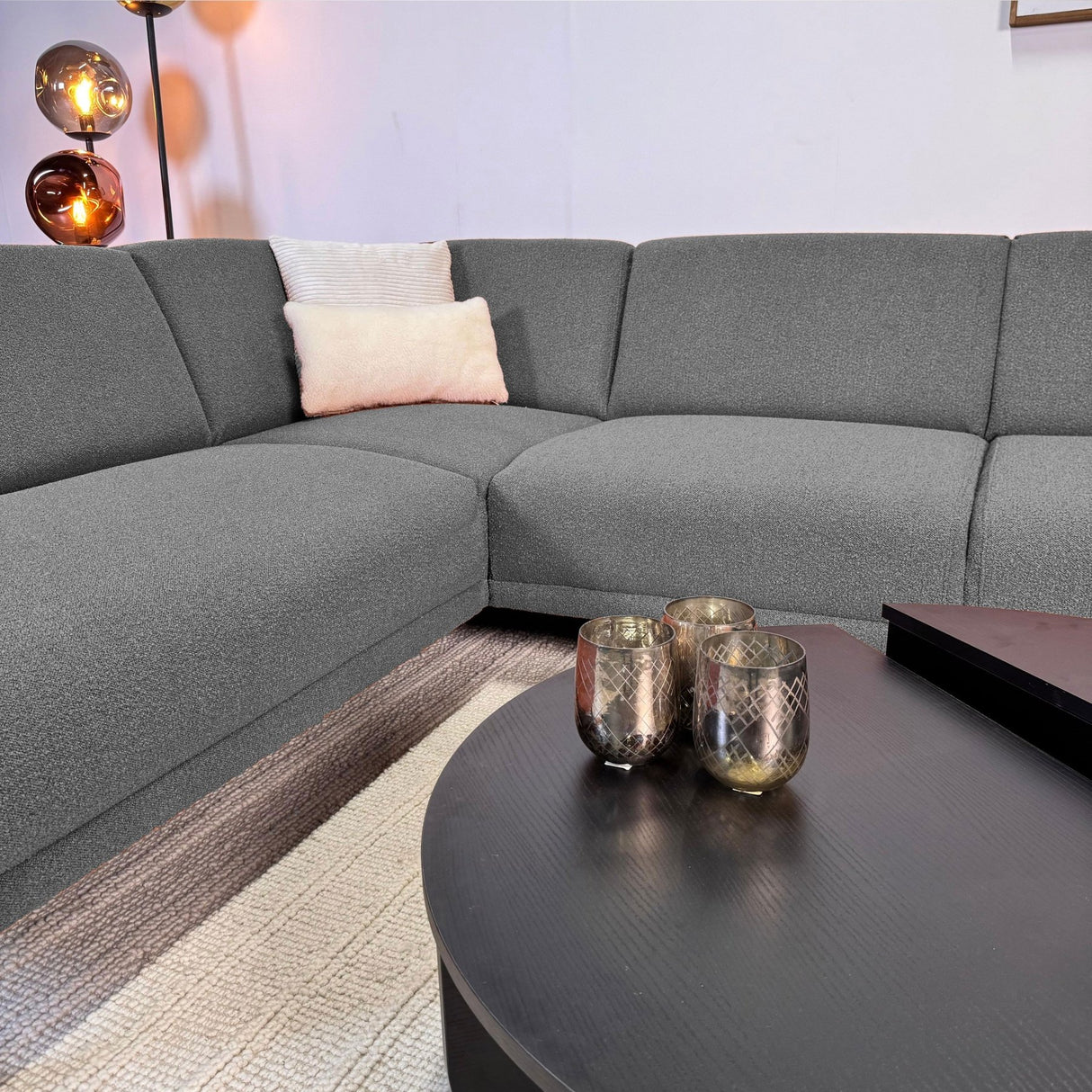 Ecksofa Maël Bouclé-Stoff grau – links