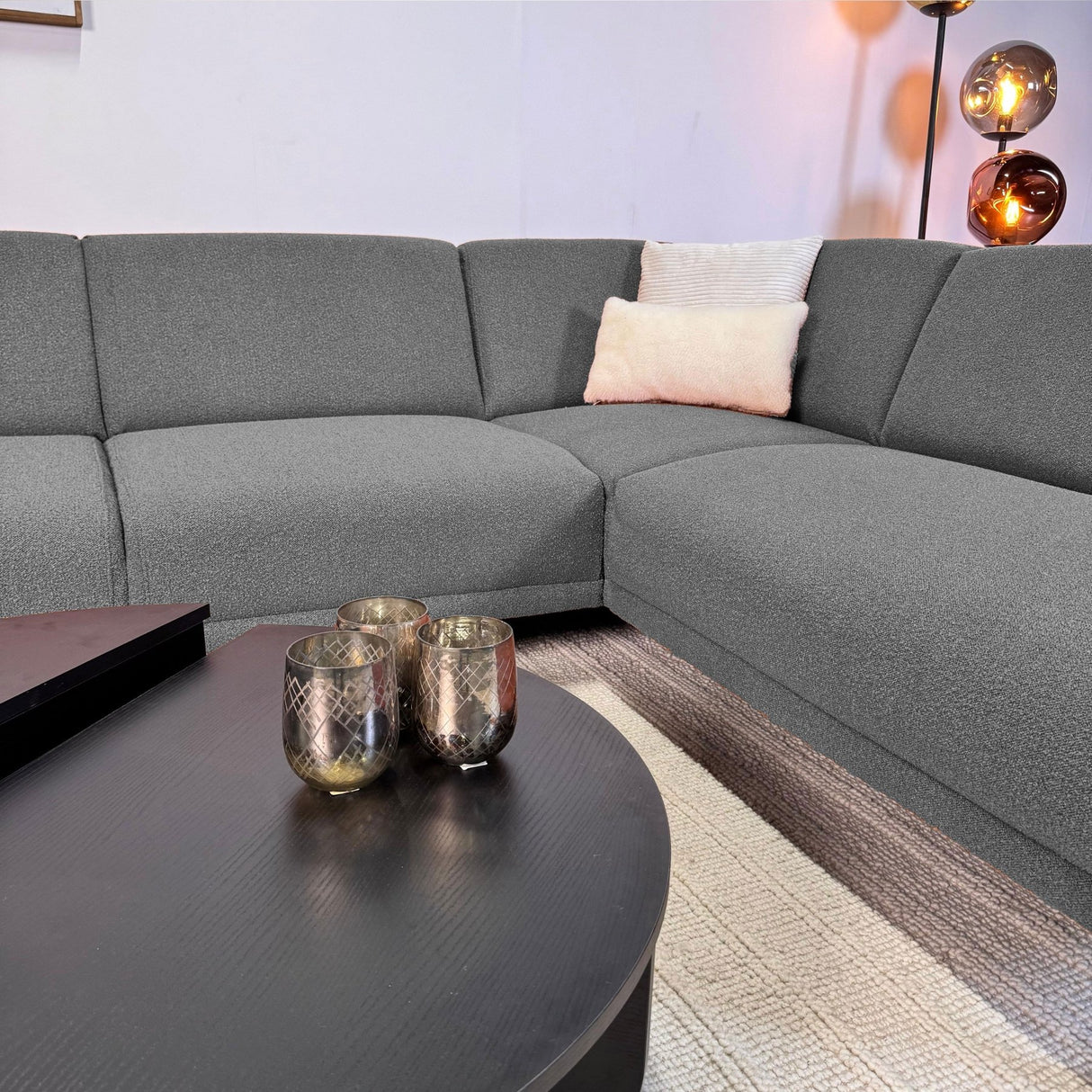 Ecksofa Maël Bouclé-Stoff grau – rechts