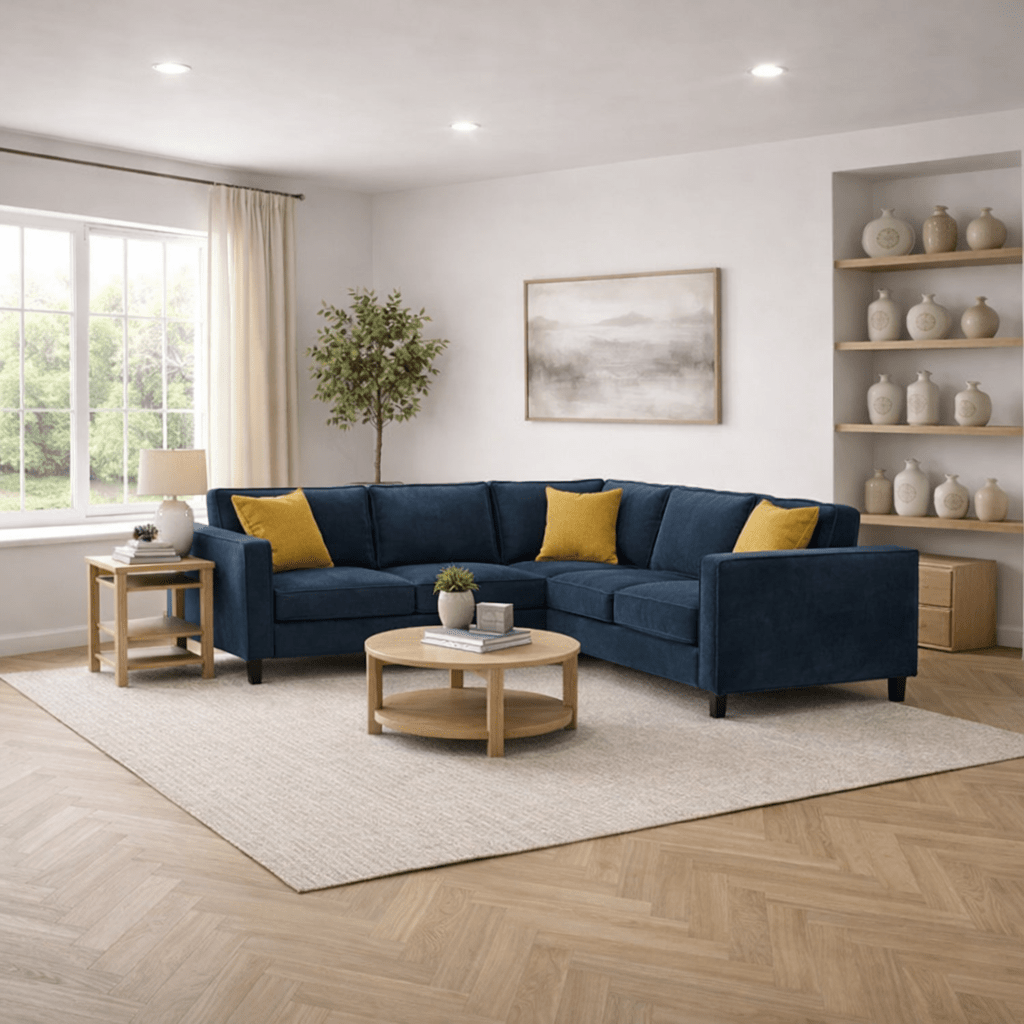 Banken - Ecksofa Glatze Samt Marineblau - fünf Personen - Dimehouse