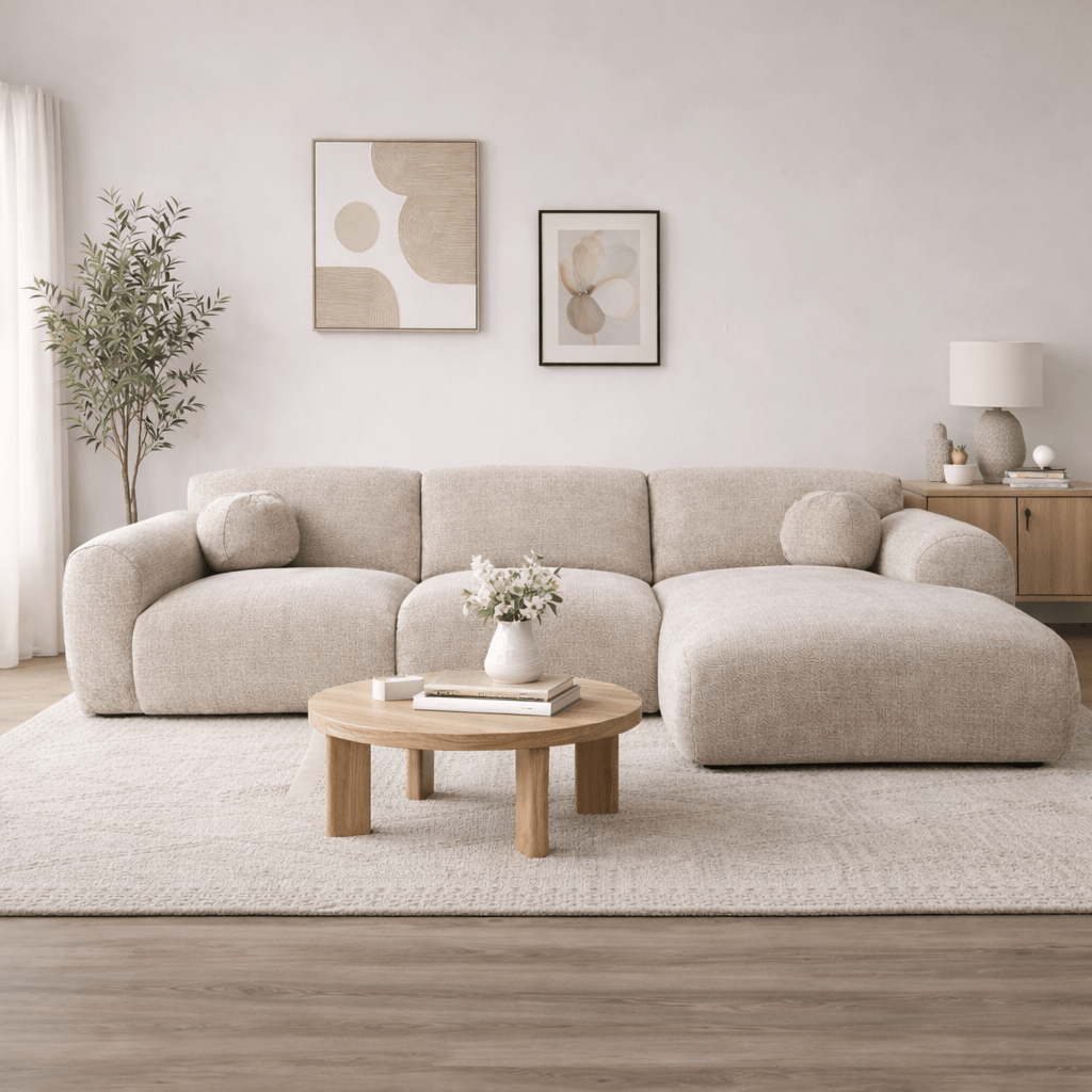 Ecksofa Beiger Chenillestoff – 292 x 169 cm – Shane – rechts